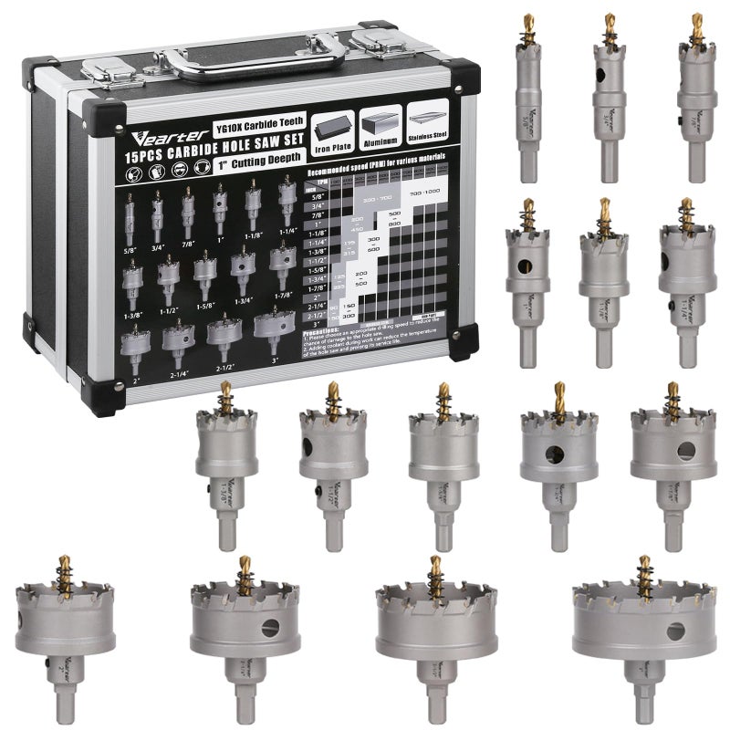 Vearter 15PCS TCT Hole Saw Kit  5/8'' to 3'' Carbide Bit Set with Pilot Drill  Holesaw for Hard Metal  Stainless Steel  Iron  Mild Steel  Aluminium  Alloy  Plastic  Fiberglass - Black Box - Image 1